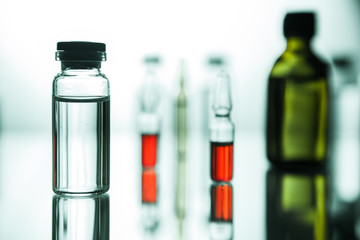 Group object of liquid medicinal agent in limpid glassware in medical laboratory