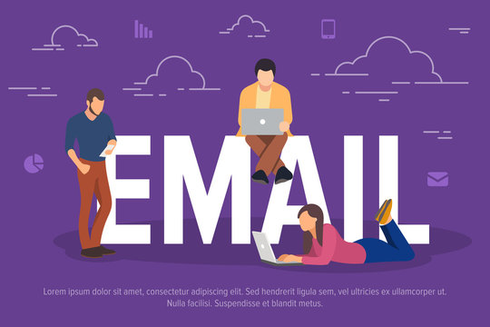 Email concept vector illustration. Business people using devices for sending emails. Flat concept of young men and women using laptop for team work.