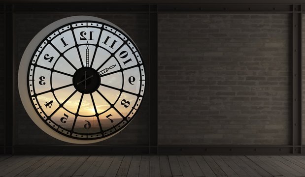 3D Illustration. The Interior Of The Old Clock Tower. Round Clock Window In The Room. Interior Concept. Architecture. Time And The Sun