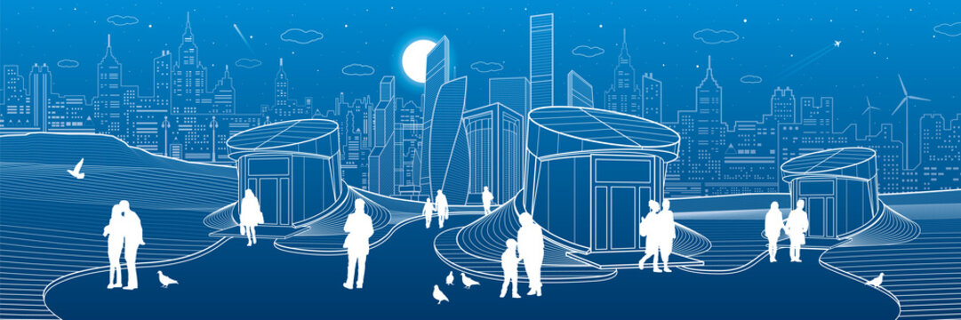 Modern city architecture infrastrucrure. Entrance to the underpass. Futuristic urban illustration. People walking at street. Airplane fly. Night town. Vector design art