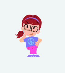 White girl with glasses thoughtful and happy.