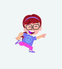 White girl with glasses running smiling.