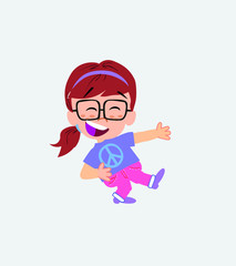White girl with glasses laughing while teaching something to his left. 