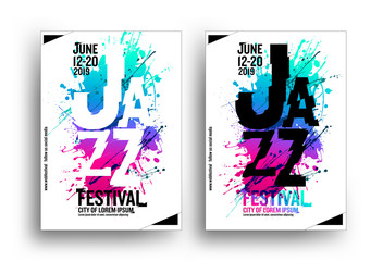 Jazz music poster design template. Creative jazz typography. Background multicolored artistic spots. White background. Design with trend colors.