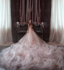 The young princess stands in the Gothic room on the background of a very old piano. The girl has a crown and a luxurious, lush, expensive, pink dress with a very long train for the whole room. Art