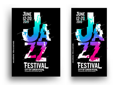 Jazz music poster design template. Creative jazz typography. Background multicolored artistic spots. Black background. Design with trend colors.