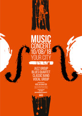 Poster idea for music event, with symbols of the violin or double bass instrument. Symbols with spots. Of artistic background. © Ografica