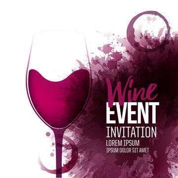 Poster, flyer or banner with wine stains background. Wine glass illustration. Vector spots and drops.