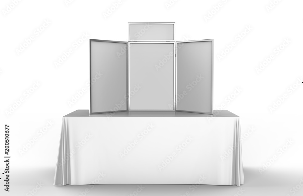 Wall mural table top folding display board for trade show. 3d render illustration.