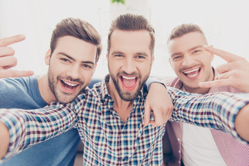 Close up portrait of cool, crazy, funky, funny, attractive, stylish guys with open mouth, bristle,...