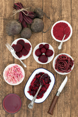 Beetroot vegetable healthy food selection with juice, fresh, powder, sliced, shredded and pickled beetroots .High in vitamins,antioxidants and anthocyanins also used for medicinal purposes.