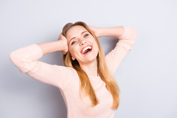 Naklejka premium 8 march birthday casual sweater emotion expressing modern cute people person people good mood feelings concept. Close up portrait of excited cheerful lady isolated on gray background copy-space