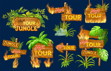Cartoon game panels decorated with flame burn. Wooden gui elements with leaves for advertising hot tours in jungle. Price and sale, deal and offer. Realistic vector illustration.