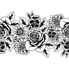 seamless monochrome pattern of flowers for greeting cards, background, price tags