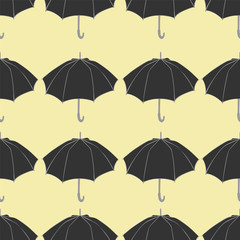 Seamless pattern with doodle umbrellas. For fabric, textile, wallpaper, wrapping paper. Vector Illustration. Hand drawn sketch. Dark gray elements on yellow background.