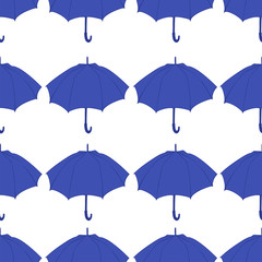 Seamless pattern with doodle umbrellas. For fabric, textile, wallpaper, wrapping paper. Vector Illustration. Hand drawn sketch. Blue elements on white background.