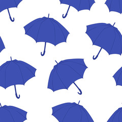 Fototapeta na wymiar Seamless pattern with doodle umbrellas. For fabric, textile, wallpaper, wrapping paper. Vector Illustration. Hand drawn sketch. Blue elements on white background.