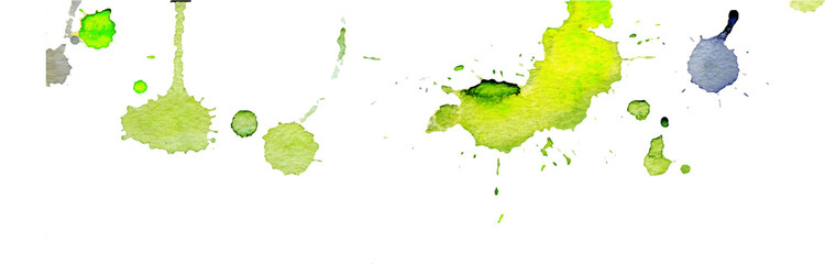 Bright yellow green watercolor splashes and blots on white background. Ink painting. Hand drawn illustration. Abstract watercolor artwork.