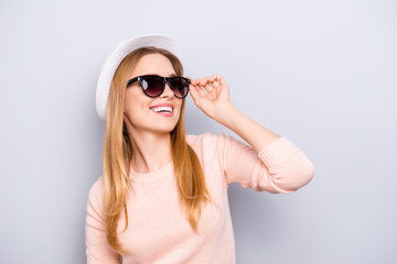 Careless casual lifestyle toothy leisure funky people person concept. Close up portrait of dreamy inspired beautiful pretty cool swag lady correcting glasses looking up isolated on gray background