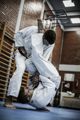 Judo fight. Two young men.