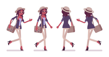 Black attractive smart casual woman wearing hat, glasses walking, running.