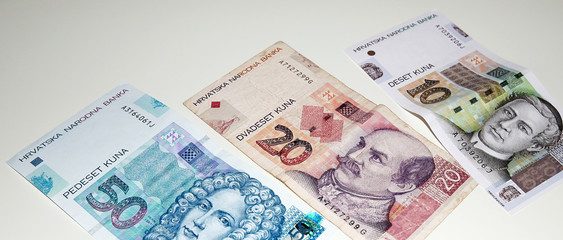 Croatian Kuna, national paper currency. Close up shot of banknotes. Hrvatska Kuna cash money.