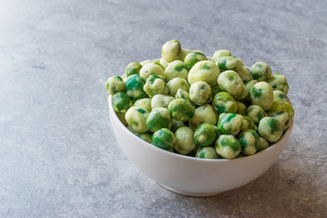 Crispy Dry Spiced Green Wasabi Peas as an Appetizer.
