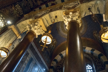 Inside view of the Chapel of Charlemagne Aachen Cathedral with Byzantine architecture, the Roman...