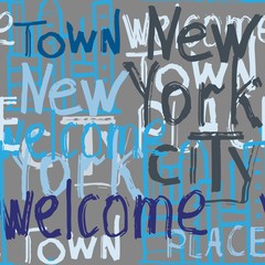 Modèle sans couture de graffiti vectoriel avec bâtiment doodle et mots bienvenus, New York, ville, ville, lieu. Texture de dessin à la main de mode, style rétro street art pour t-shirt, textile, papier d& 39 emballage.