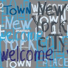Behang Vector graffiti naadloze patroon met doodle gebouw en woorden welkom, New York, stad, stad, plaats. Mode hand tekenen textuur, straatkunst retro stijl voor t-shirt, textiel, inpakpapier. © Ihor