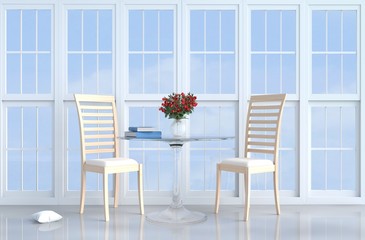 White living room decor with wood chair, white window,pillow, table, grey white cement floor, red rose, vase.The sun shines through the window into the shadows. 3d render. In relax day.Nature of sky.