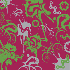 

Cyclists and cycling component icons expressive background. 
Illustration of background with cyclist and cycling icons on red background. Vector available. 