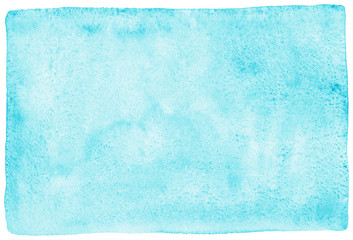 Sky blue watercolor abstract rectangle background. Painted texture with watercolour stains. Hand drawn aquarelle template with uneven rounded edges.