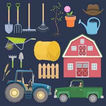 Set of colorful farming equipment icons. Farming tools and agricultural machines decoration. Vector