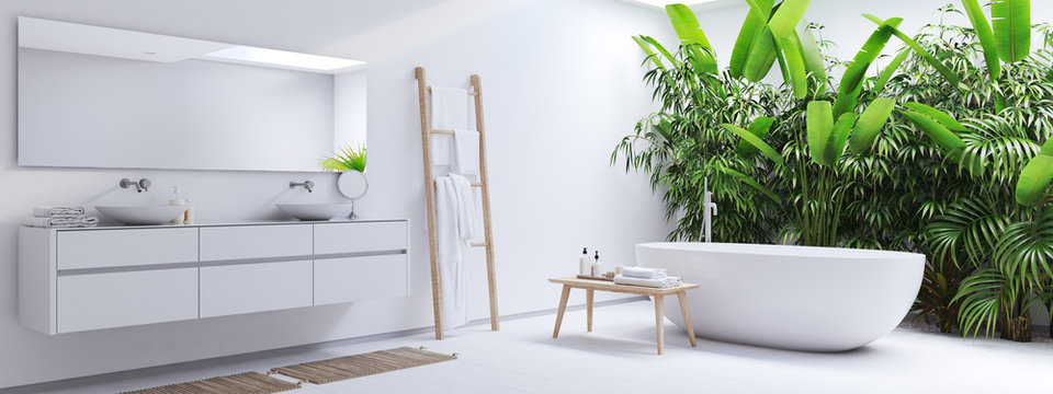 new modern zen bathroom with tropic plants. 3d rendering