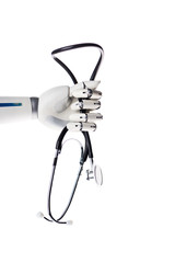 robot hand holding medical stethoscope isolated on white