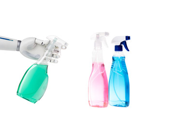 robot cleaning with spray bottle isolated on white