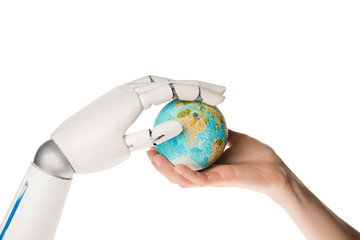 cropped shot of robot and human holding miniature model of earth isolated on white