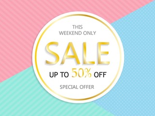 Sale, a discount of 50 percent, only this weekend. Template for flyer, banner for website. Vector illustration