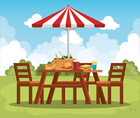 picnic table with umbrella scene vector illustration design