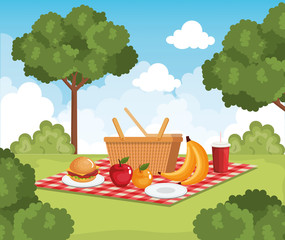 tableclothes picnic with food scene vector illustration design