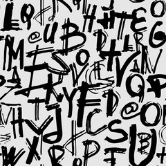 Graffiti seamless pattern with abstract tags, letters without meaning. Fashion hand drawing texture, street art for t-shirt, textile, wrapping paper. Vector illustration.
