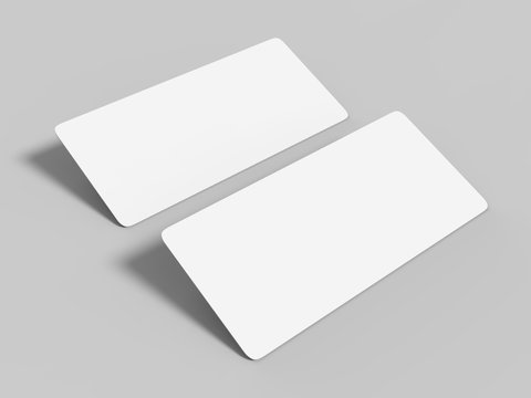 Mock up template blank white empty rounded corners gift voucher card on the grey background. For graphic design or presentation, 3D rendering illustration.