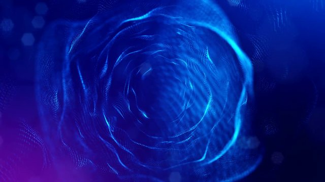 3d loop animation as science fiction background of glowing particles with depth of field and bokeh for vj loop. Particles form line and surface grid. V9 blue spheres