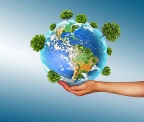 Ecological concept of the environment with the cultivation of trees on the ground in the hands. Planet Earth. Physical globe of the earth. Elements of this image furnished by NASA. 3D illustration