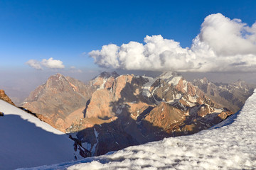 peak and glacier. mountains and pass. snowy landscape, outdoor view