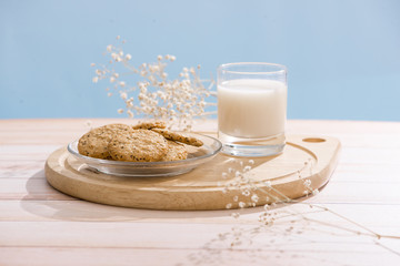 Dairy products. Pastry organic breakfast with milk and cookies.