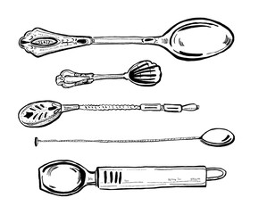 Hand drawn ink black and white set of different atique spoons