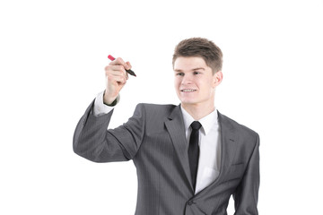 businessman pointing with a marker on the virtual point.