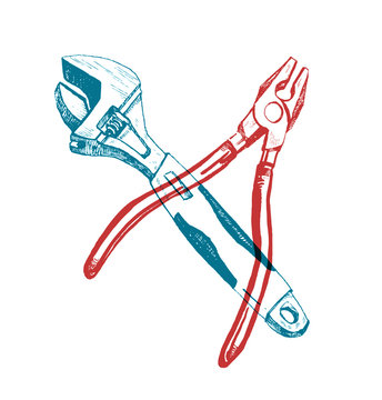 wrench and pliers crossed, red and blue clip art preview